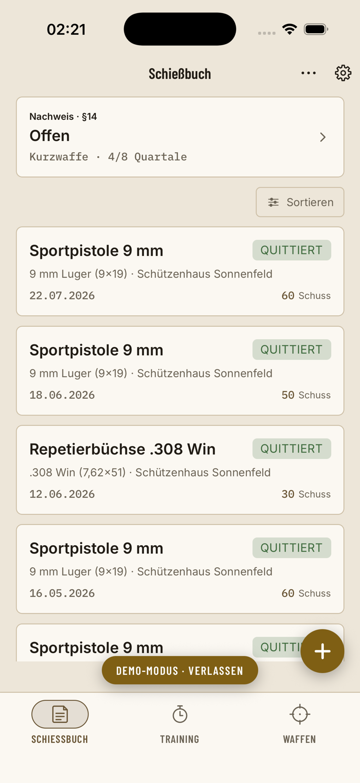 VISIER-Schießbuch mit dokumentierten Trainingseinträgen für eine Sportpistole und eine Repetierbüchse.