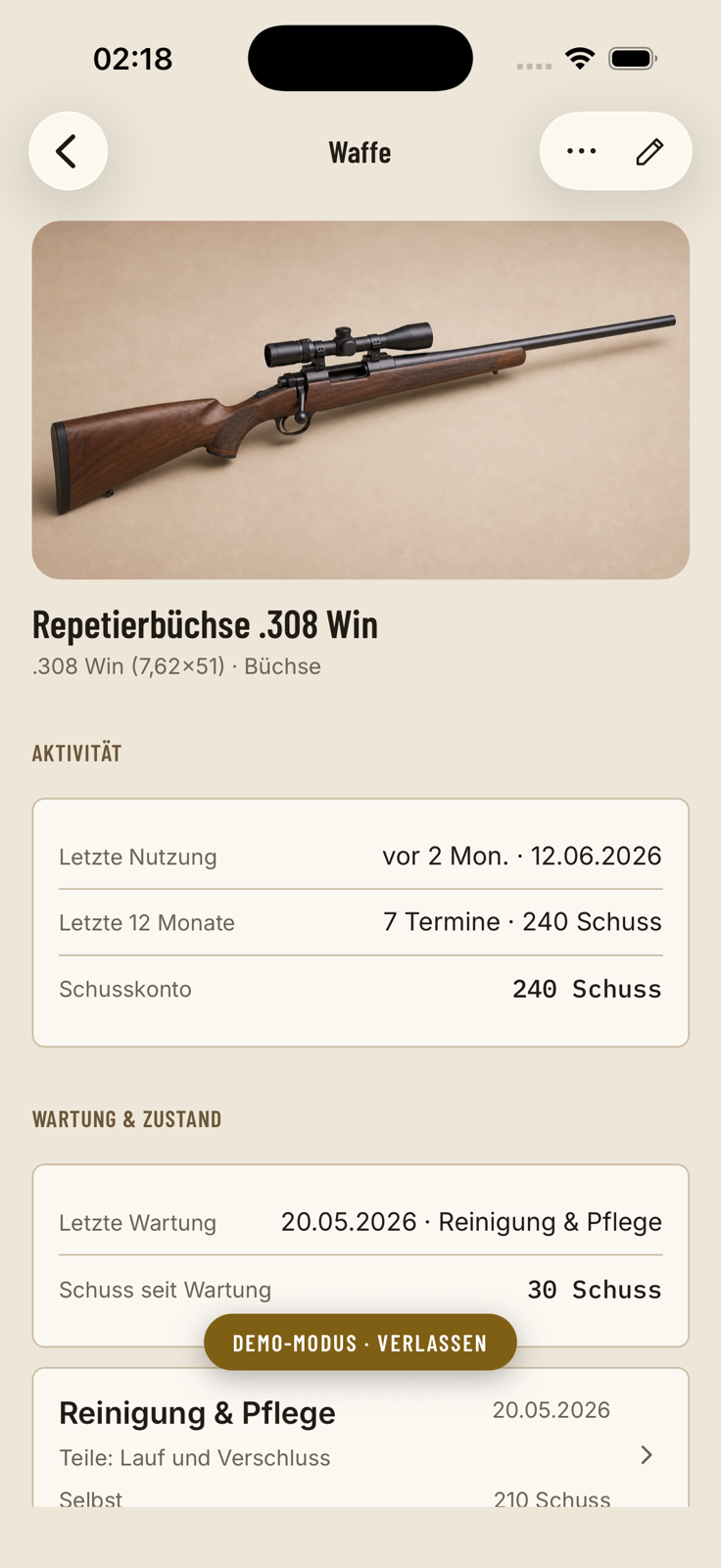 VISIER-Waffendetail für eine Repetierbüchse mit Bild, Schusskonto und dokumentierter Wartung.